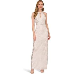 NWT Adrianna Papell Women's 14 Foil Mesh Pleated Halter Gown Brown Party Wedding